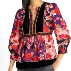 Johnny Was Kimmy Peasant Top Floral Velvet Embroidered Blouse Pink Black Size S